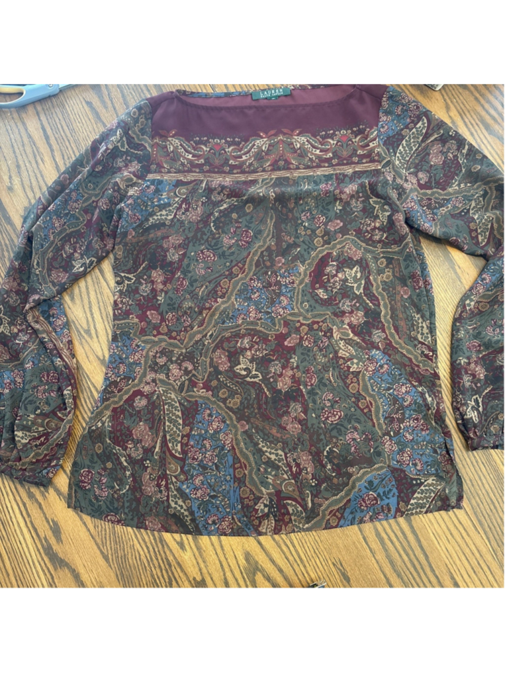 Lauren Ralph Lauren Shirt Women's M Burgundy Boat Neck Paisley Sheer Classic VTG - Picture 1 of 8